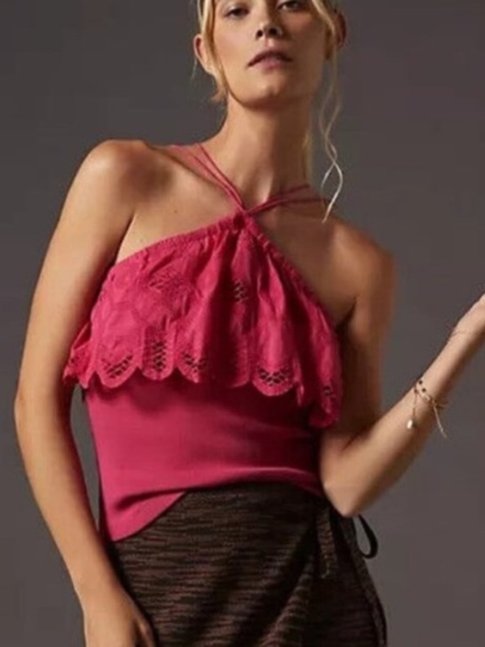 🌻Anthropologie Ruffled Embroidered Halter Tank Pink Tie Back Stretch Top sz XS